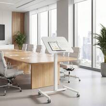 Escritorio de pie ajustable en altura, con ruedas y bandeja para teclado, estructura de acero, color blanco. - Blanco + Madera - Ver 5