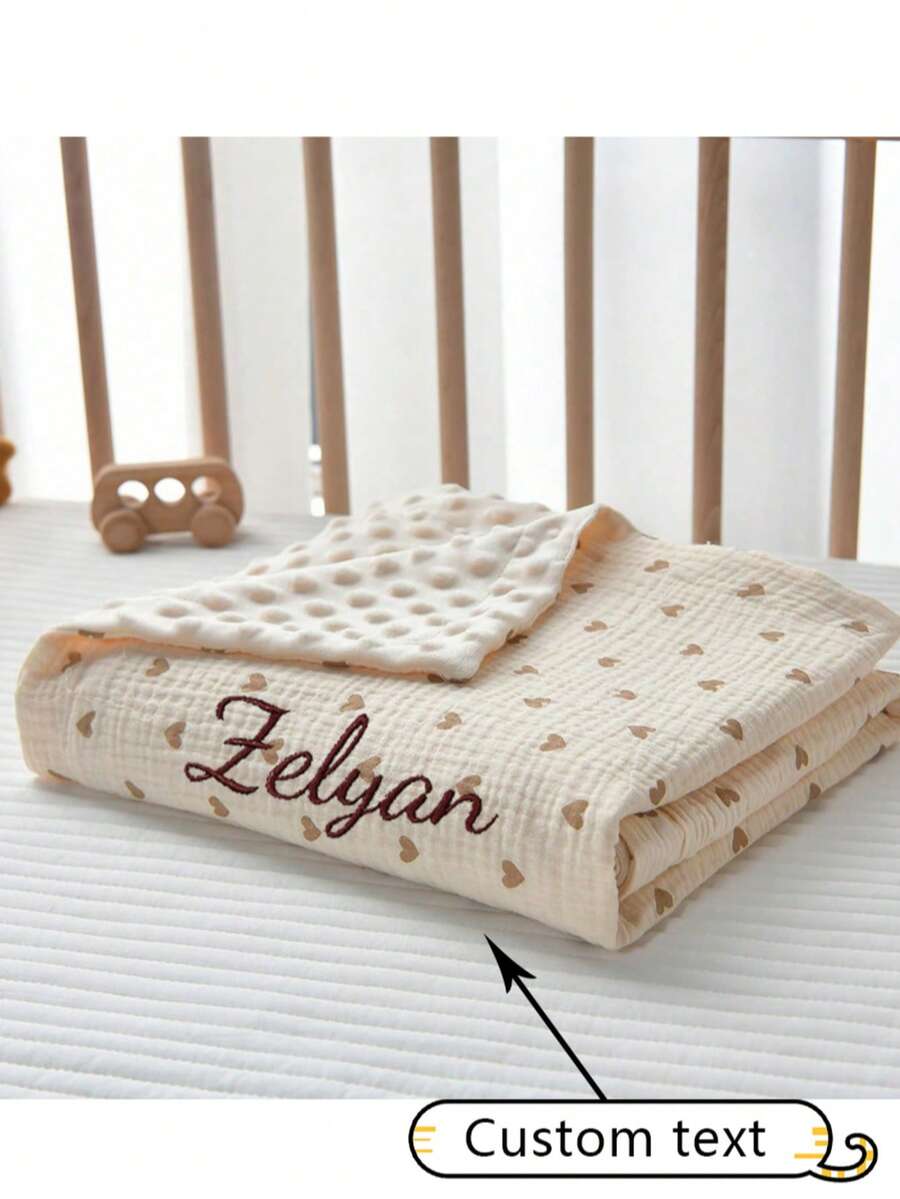1pc Customized Text Embroidery Baby Swaddle Blanket, 4-Layer Pure Cotton Crinkle Fabric, Soft Breathable Comfortable Baby Blanket, Newborn All-Season Swaddle Blanket, Personalized Baby Small Blanket - Multicolor - View 1