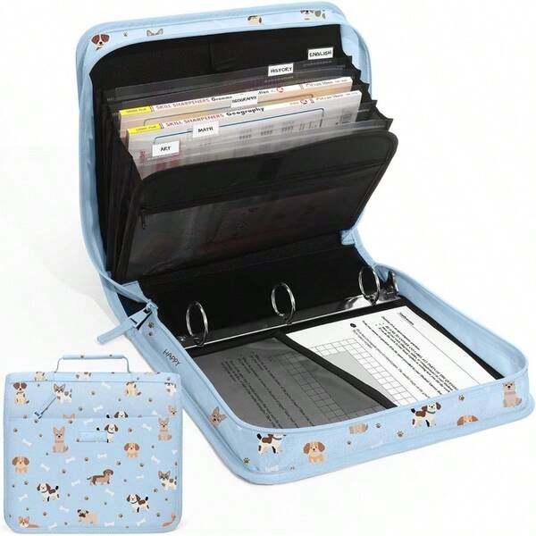 Zipper Binder With Handle, 1.5 Inch O-Ring, 325 Pages Capacity, With 5-Tab Expanding File Folder Classified Storage, Small Size Lightweight Zipper Bag Middle School Students, Blue Dog