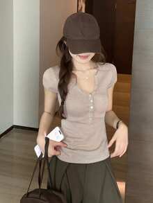 Soft & Versatile V-Neck Knit T-Shirt Women's New Korean Style Slim Fit Flattering Button Short Sleeve Top Summer - Oatmeal - View 6