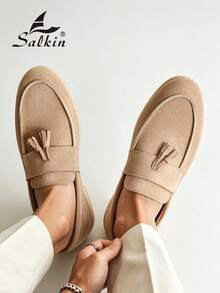 Salkin 奢華時尚設計師男士樂福鞋 流蘇一腳蹬 手工柔軟仿麂皮素食皮革休閒鞋 莫卡辛鞋 極簡商務正裝鞋 男士舒適日常辦公派對經典百搭情侶約會浪漫晚餐度假禮物返校學生鞋學院風四季男鞋 - 米色 - 查看 10