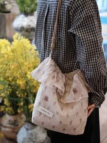 Back To School Season Niche Design INS Style Floral Ruffle Trim Dress Bag Large Capacity Underarm Bucket Bag Commute Outing Daily Artistic Canvas Shoulder Crossbody Bag - Multicolor - View 4