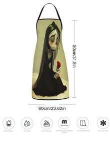 2Pcs Gothic Corpse Bride Apron Set, Spooky Skeleton Zombie Bride Black Wedding Dress Kitchen Apron, Dark Romantic Veil Rose Cooking Apron, Melancholy Halloween Chef Apron For Baking Grilling - Multicolor - View 3