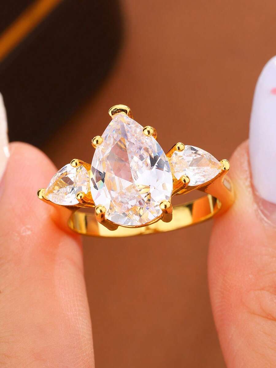 極簡橢圓水滴梨形 Paraiba 幾何戒指 藍色 女款 情人節禮物珠寶 - 黃色 - 查看 1