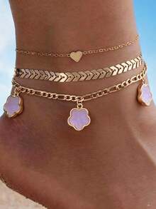 3pcs/Set Heart & Five-Petal Flower Anklet Creative Airplane Chain Anklet Minimalist Multi-Layer Beach Anklet - Gold - View 5