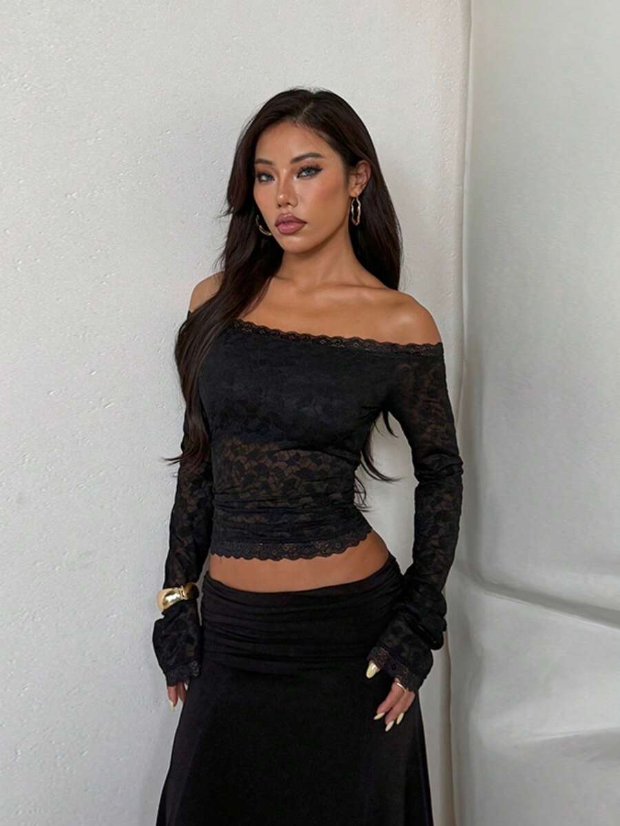 Women's Autumn Black Lace Trim Patchwork Waist-Cinching Casual Outing Top Back To School