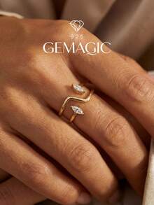 1pc Classic & Elegant 925 Sterling Silver Asymmetrical Cubic Zirconia Eye-Shaped Ring, Suitable For Women To Attend Parties And Balls, An Anniversary Gift For Girlfriend - Linear Marquise Ring - View 3