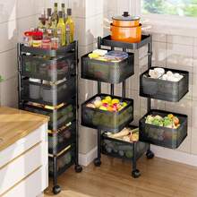 Kitchen Rotating Storage Trolley Cart, 360° Swivel Utility Vegetable Fruit Mobile Shelf Rack With Magnetic Top Tray & Lockable Wheels, 3/4/5 Tier Black Metal Mesh Organiser - 黑色 - 查看 3