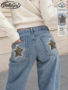 Y2K Style Washed Distressed Leopard & Star Patchwork Straight Leg Jeans, Casual Daily Wear Spring Fall - Blue - View 1