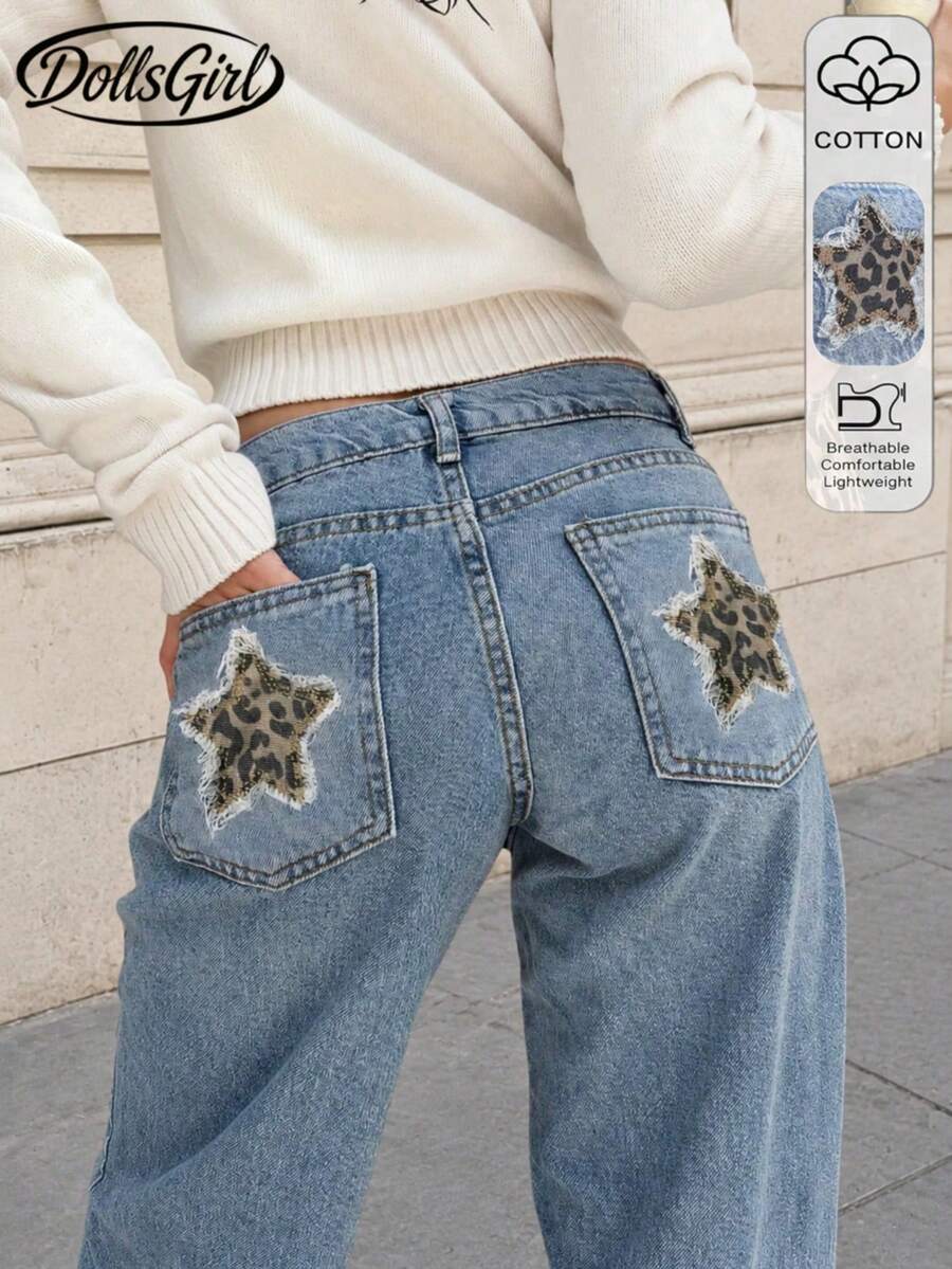 Y2K Style Washed Distressed Leopard & Star Patchwork Straight Leg Jeans, Casual Daily Wear Spring Fall - Blue - View 1