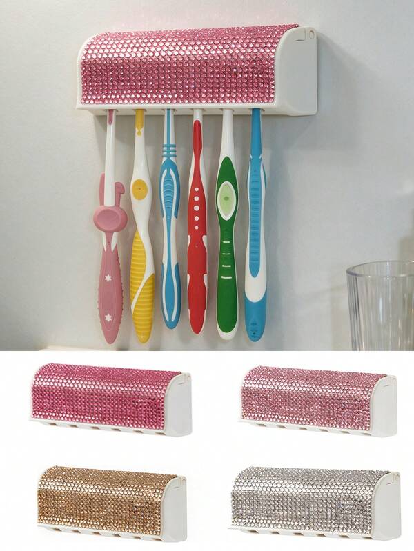 OBOVAY 6-Slot Rhinestone Decorated Wall-Mounted Toothbrush Holder With Cover, Self-Adhesive Installation Without Drilling, Automatic Dust-Proof Cover Design, Can Store Multiple Toothbrushes, Wall-Mounted Saves Countertop Space, Suitable For Bathroom, Dorm, RV And Other Scenes, Sparkling Rhinestone Appearance Ideal Bathroom Accessory For Exquisite Life. Convenient Drainage And Ventilation, Dust-Proof Cover, Suitable For Couples, Friends, Family, Home, Dorm Essentials, Suitable For Birthday, Back To School, Business Trip, Back To School And Other Occasions, Clean And Care For Your Oral Health, Back To School Essentials