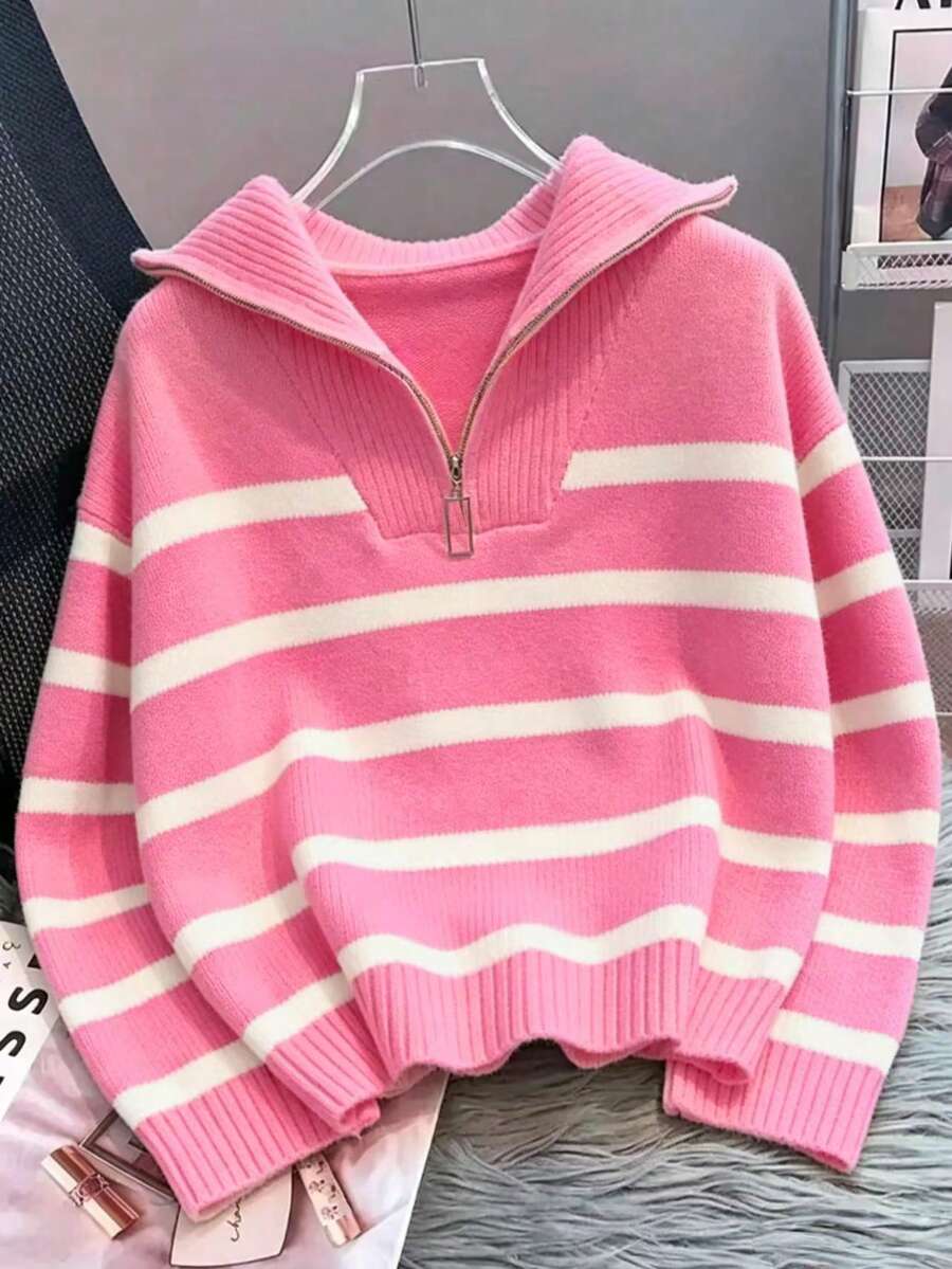 秋冬新款女款拉鍊條紋套頭毛衣，時尚高端極簡百搭針織上衣 - 珊瑚粉 - 查看 1