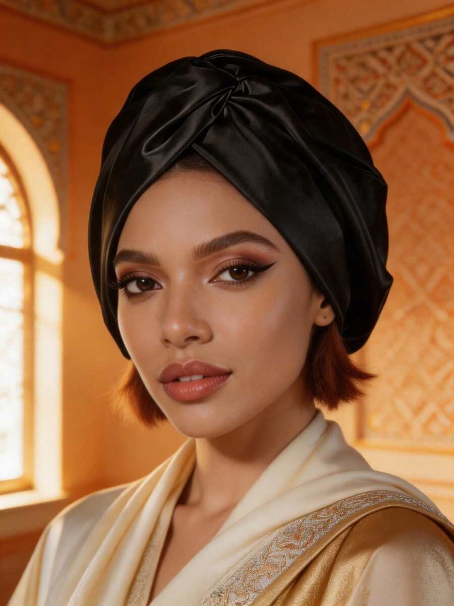 1Pc Double Twisted Cross Women Hair Wrap, Solid Muslim Hair Cap, Ladies Twisted Sleep Bonnet - Black - View 1