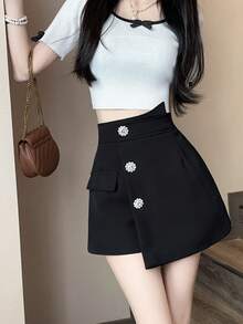 Vintage Design Asymmetrical A-Line Niche Button Low Waist Casual Slimming Wide Leg Skorts Black Summer - Black - View 1