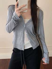 純色前開扣學院風清新白色月光女款優雅上衣 - 灰色 - 查看 5