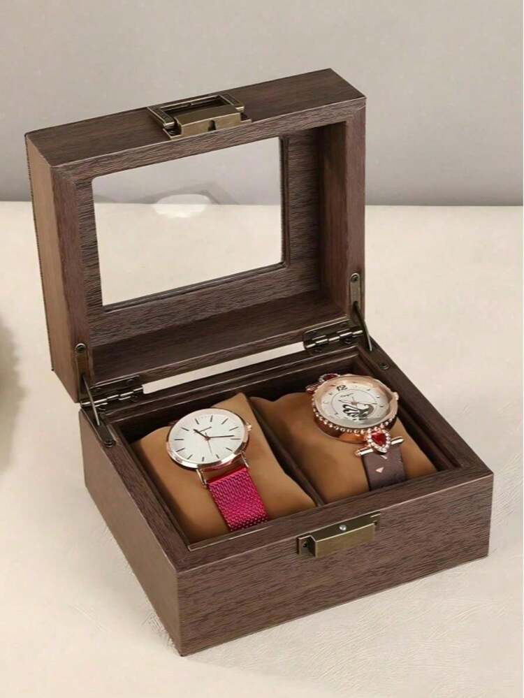 Vintage Wood Grain Leather Watch Box With Transparent Glass Window, 2-Slot Luxury Watch Storage Display Box, Wristwatch And Bracelet Collection Organizer - Multicolor - View 8