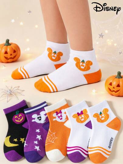 5 pares de calcetines cortos oficiales de Disney para niños para Halloween, con Mickey, Minnie, calabaza, fantasma, estrella y bloques de color, para fiestas festivas para niños y niñas