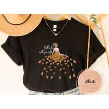Women Fall Leaves Graphic Tee, Casual Autumn Season Daily Top, Fast Local Delivery - 黑色 - 查看 6