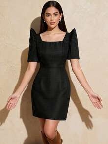 Modern Philippine Style Elegant Dress, Butterfly Sleeve Philippine Style, Party Dress, Solid Color Square Neck Dress - Black - View 4