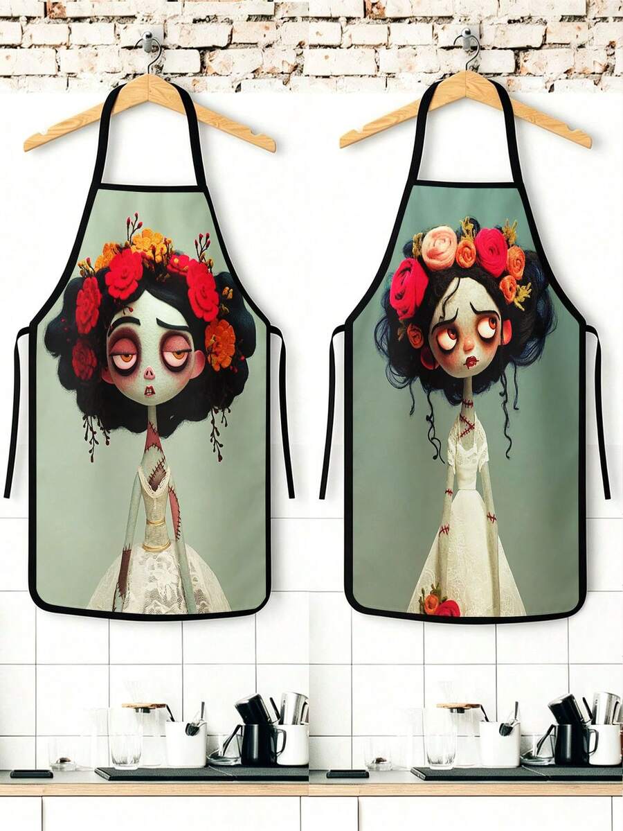 2Pcs Zombie Bride Day Of The Dead Apron Set, Spooky Cute Corpse Bride Floral Crown Kitchen Apron, Gothic Sugar Skull Catrina Cooking Apron, Halloween Wedding Chef Apron For Baking Grilling - Multicolor - View 1