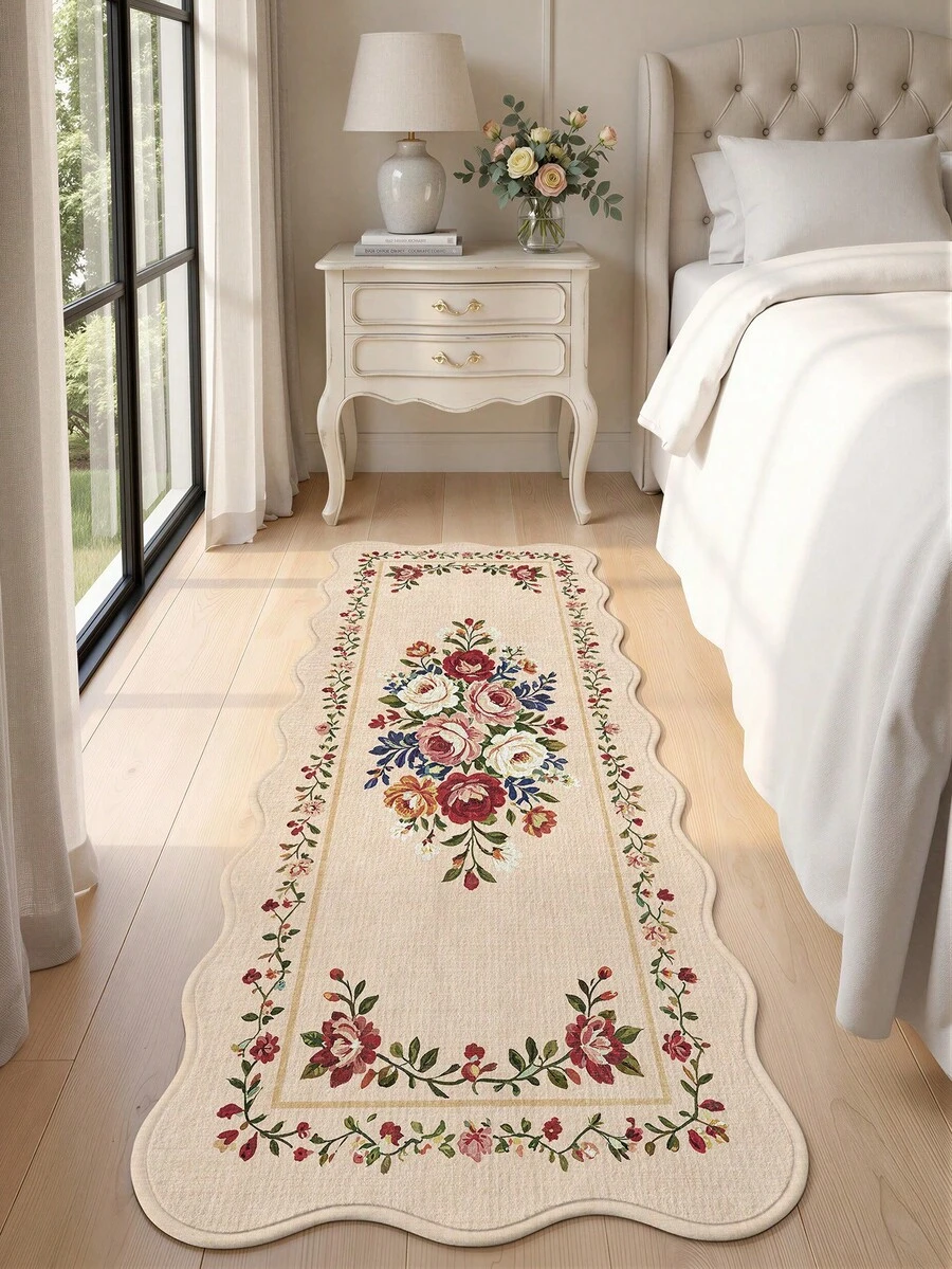 DAJIANG 1pc Red Rose Wavy Scalloped Edge Long Runner Rug, Suitable For Bathroom, Kitchen, Outdoor, Hallway, Bedroom, Living Room, Machine Washable Easy To Clean Non-Slip Entry Mat, Bedroom Decor Carpet Accessory