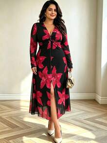 Chic Plus Size Women's Long Sleeve Fall Floral Print Dress With Deep V Neck And Slit For An Elegant Look - Black and Red - View 4
