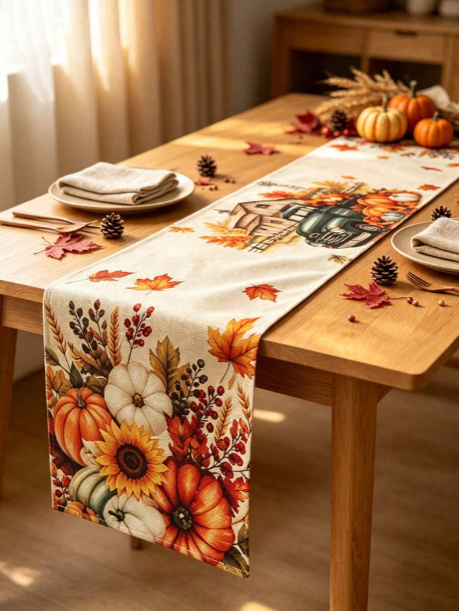 Autumn Harvest Pumpkin Table Runner, Autumn Maple Leaf Sunflower Linen Texture Table Runner, Thanksgiving Harvest Farmhouse Style Dining Room Decor, Suitable For Home Kitchen Party - B - View 1