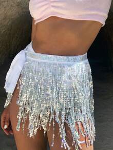 1pc Y2K Luxury Multi-Layer Sequin Tassel Shawl, Bohemian Style Transparent Mesh Scarf Accessory, Suitable For Beach Party And Team Wear, Halloween - Silver - View 4