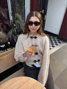 MORI Fall Winter Y2K Elegant Casual Beige Frog Button Fuzzy Knit Cardigan Tops Women Going Out Party Vacation Concert Outfits - Rice Apricot - View 4