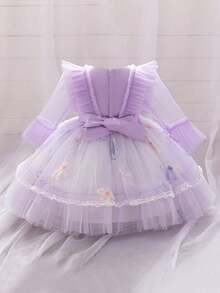 Baby Girls Long Sleeve Multi-Color Bow Tulle Cute Birthday Dress, Fabric Floral Pattern Random Cut, Headband Not Included - Mauve Purple - View 5
