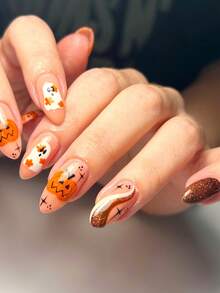 24pcs Almond Shape Halloween Press-On False Nails, Elegant Glitter Orange Pumpkin, White Ghost, Red & White Line French Full Coverage Fake Nails Set, Includes Jelly Glue And Mini Nail File, Suitable For Women And Girls Daily Wear, Party, Shopping, Dating, DIY, Jelly Glue Randomly Sent - Multicolor - View 1