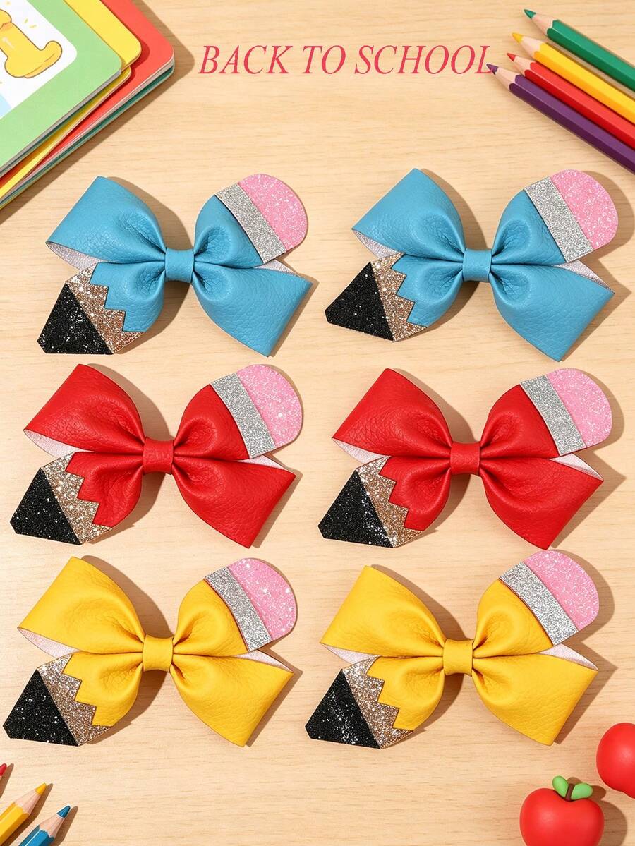 2/6pcs Back To School Hair Clips,Cute Glitter Pencil Bow,Colorful Bow Hair Pins,Teacher's Day,School Stuff,Hair Accessories Gift For Girls Teens Daily Wear - Multicolor - View 1