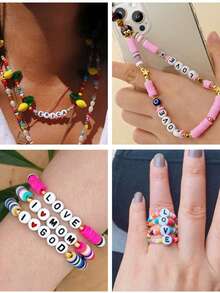 300 piezas de cuentas con letras o símbolos de 7x4mm para pulseras y collares de joyería, múltiples colores y estilos, corazón, estrella, símbolo, paz, cruz, letra - Multicolor - Ver 11