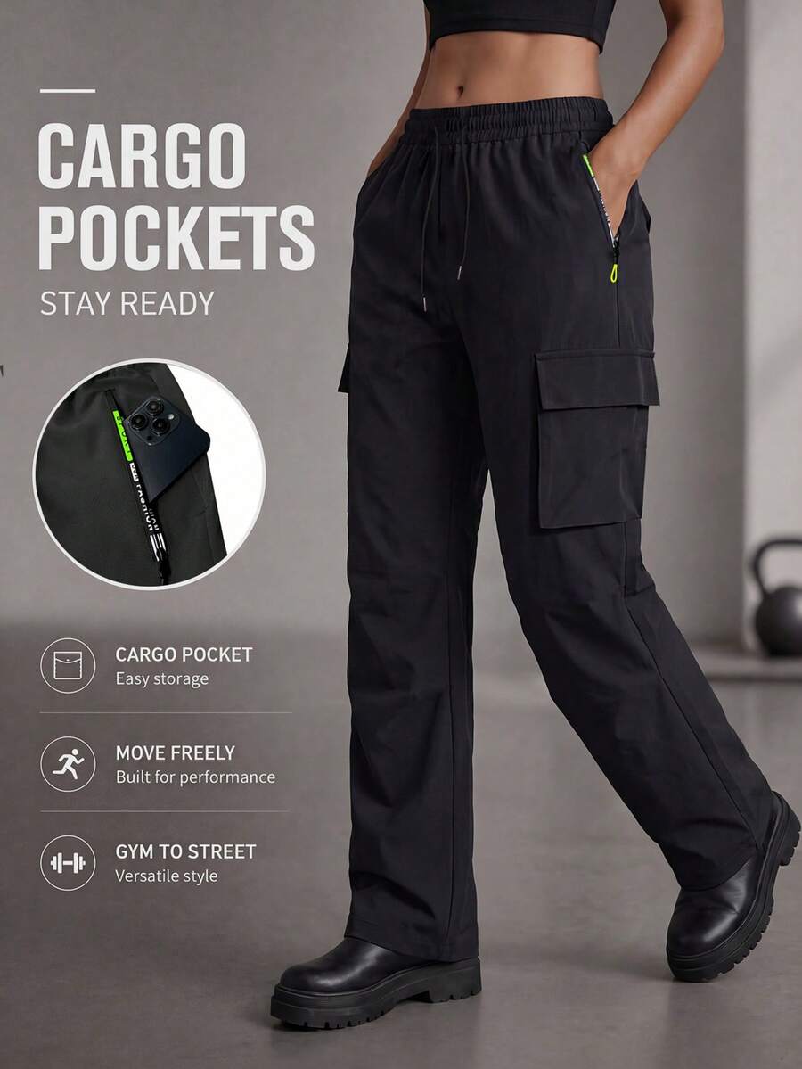 Women's Cargo Pants With Zipper Pockets And 3D Large Side Pockets, Tear-Resistant Multi-Pocket Outdoor Sports Long Pants Black - Black - View 1
