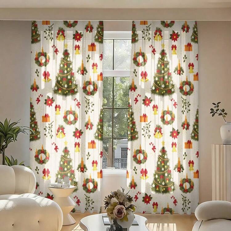 2PCS Christmas Trees And Wreaths Print Light Sheer Curtains, Semi-Sheer For Privacy Protection. Easy Rod Pocket Installation, Quick-Dry, Fade-Resistant After Washing, Lightweight And Washable. Ideal For Home, Room And Kitchen Decor & Space Dividers. - Multicolor - View 7
