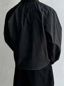 男士春秋款寬鬆短版休閒日常通勤極簡百搭純色長袖襯衫 - 黑色 - 查看 4