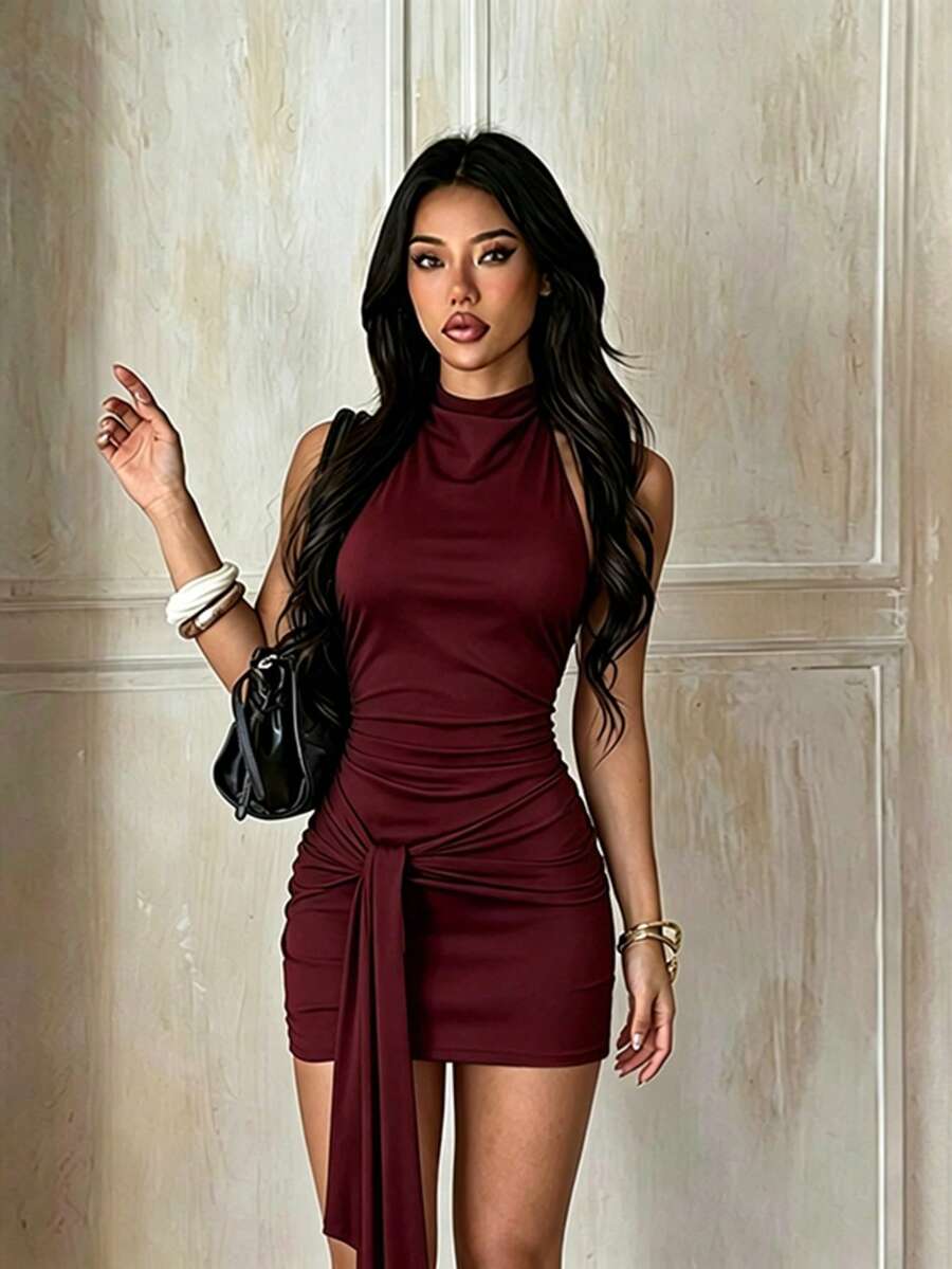 1pc Solid Color Elegant Sexy Knit Backless Dress For Summer Beach Vacation - Burgundy - View 1