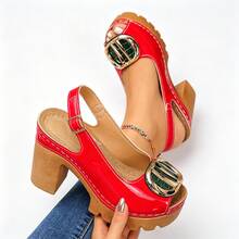 Women's High Heel Sandals Solid Color Metal Buckle Wide Fit Lightweight Comfortable Chunky Heel Casual Commute Slip-On Slides Simple Summer Beach Style Slip-On Sandals - Red - View 10