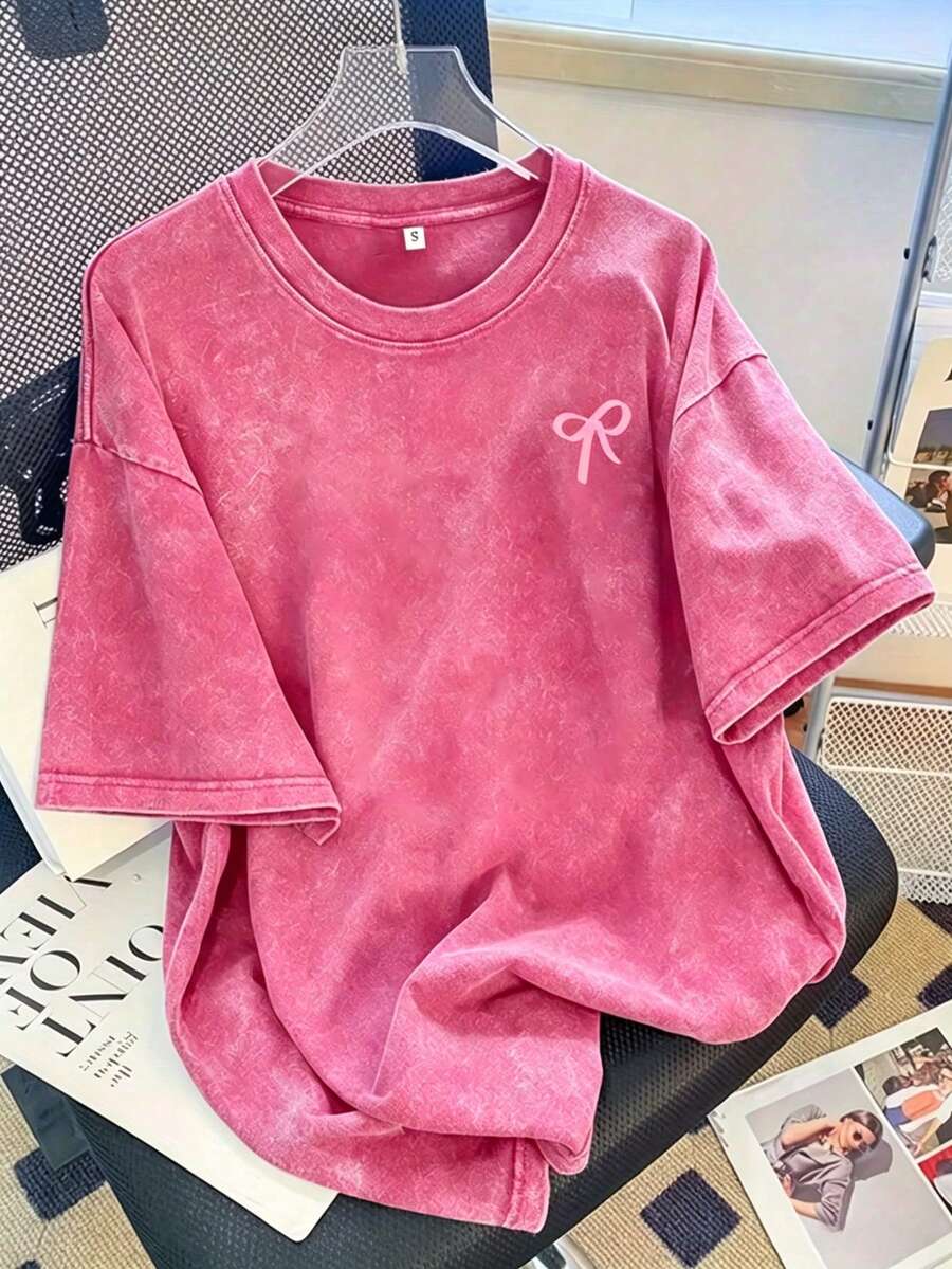 Women Vintage Washed Tee, 230G Thick Oversized Crew Neck Short Sleeve, Retro Street Loose Fit Casual Top For Spring Summer Machine Washable Daily Wear - 玫紅色 - 查看 1