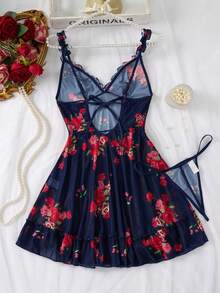 2pcs Sexy Lingerie Sleepwear Set, Includes Matching Thong, Exquisite Ruffle Hem, Vibrant Floral Pattern - Navy Blue - View 2