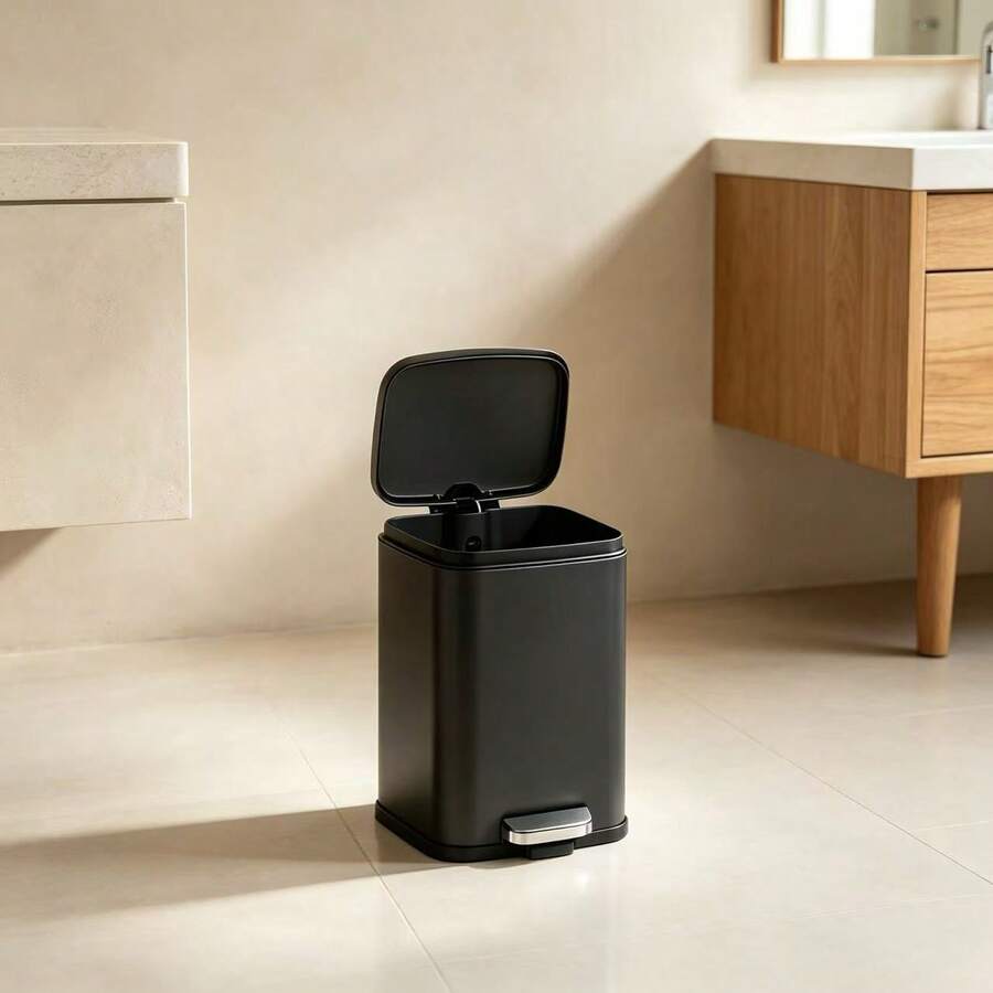 1pc 5L Silver/Black Stainless Steel Trash Can With Foot Pedal, Anti-Fingerprint Garbage Bin With Soft-Close Lid, Space-Saving For Small Spaces, Random Color And Style