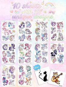 STARTTOOS 10 Sheets 57pcs Unicorn Temporary Tattoo Stickers, Cute Cartoon Waterproof Glitter Rainbow Unicorn Balloon Star Design Pattern Birthday Party Christmas Gift Event Holiday Party Set - Multicolor - View 10