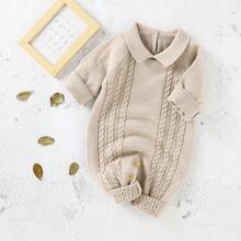 1pc Baby Knit Sweater Romper, Doll Collar Cable Knit Long Sleeve Bodysuit, Open Crotch Design, Daily Wear For Unisex Infants - Camel - View 4