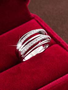 1 chiếc nhẫn nữ bản rộng thiết kế đường nét tối giản đính đá Cubic Zirconia - bạc + trắng - Xem 1