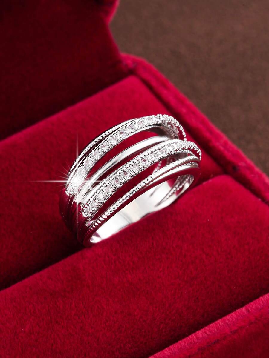 1 chiếc nhẫn nữ bản rộng thiết kế đường nét tối giản đính đá Cubic Zirconia - bạc + trắng - Xem 1