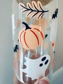 Halloween Decorative Printed Glass Cup, Ghost Pumpkin Bat Pattern With Bamboo Wood Sealed Lid, Iced Americano Beverage Cup - Multicolor - View 5