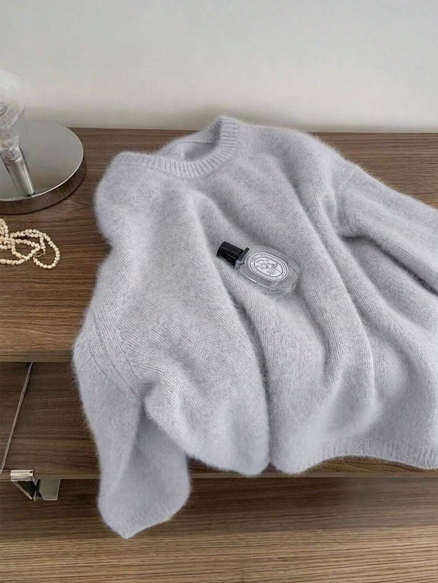Light Gray Soft Knit Round Neck Sweater Women Autumn Winter Loose Slouchy Slimming Knit Top - Light Grey - View 1