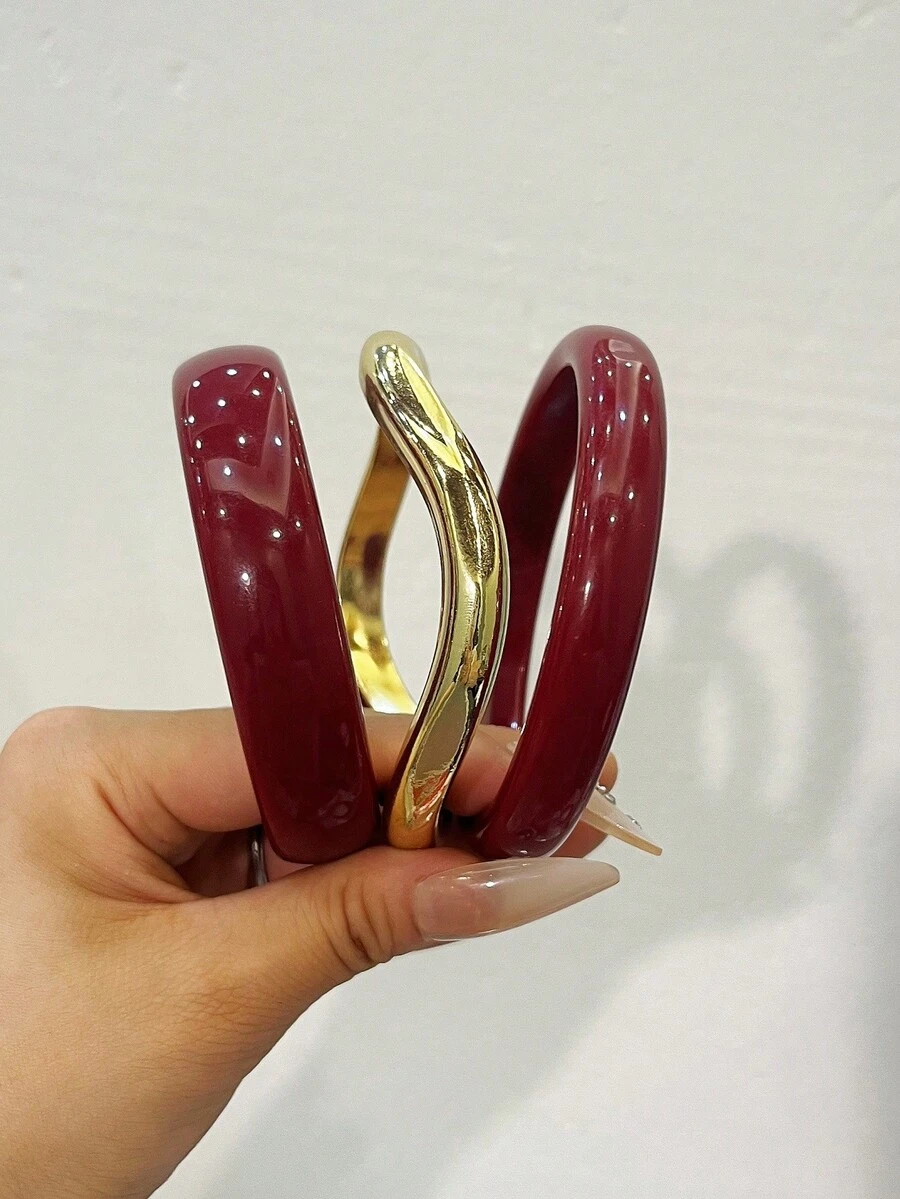 3件組時尚復古厚款多色不對稱壓克力手環套組,適合女性日常配戴,送給朋友與家人的禮物 - 彩色 - 查看 1