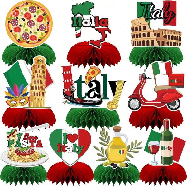 10 Stücke klassische italienisch thematisierte Waben-Tischdekorationen mit Pizza, Pasta, Wein, Olivenöl, italienischen Wahrzeichen und Flagge, Reise-Party-Tischdekoration Zubehör