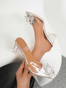 2026 Sparkling Crystal Peep Toe Chunky Heel Sandals, Fashionable, Elegant, With Sparkling Ring Decoration - Silver - View 5